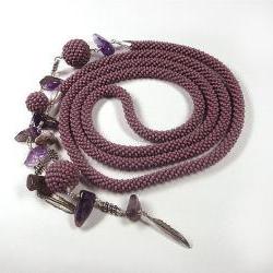 Purple beads crochet rope necklace lariat with amethyst beads ,beaded rope jewelry