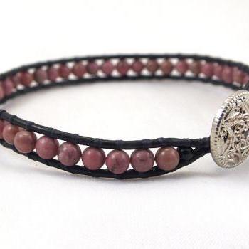 Black leather wrap bracelet with rodonite beads